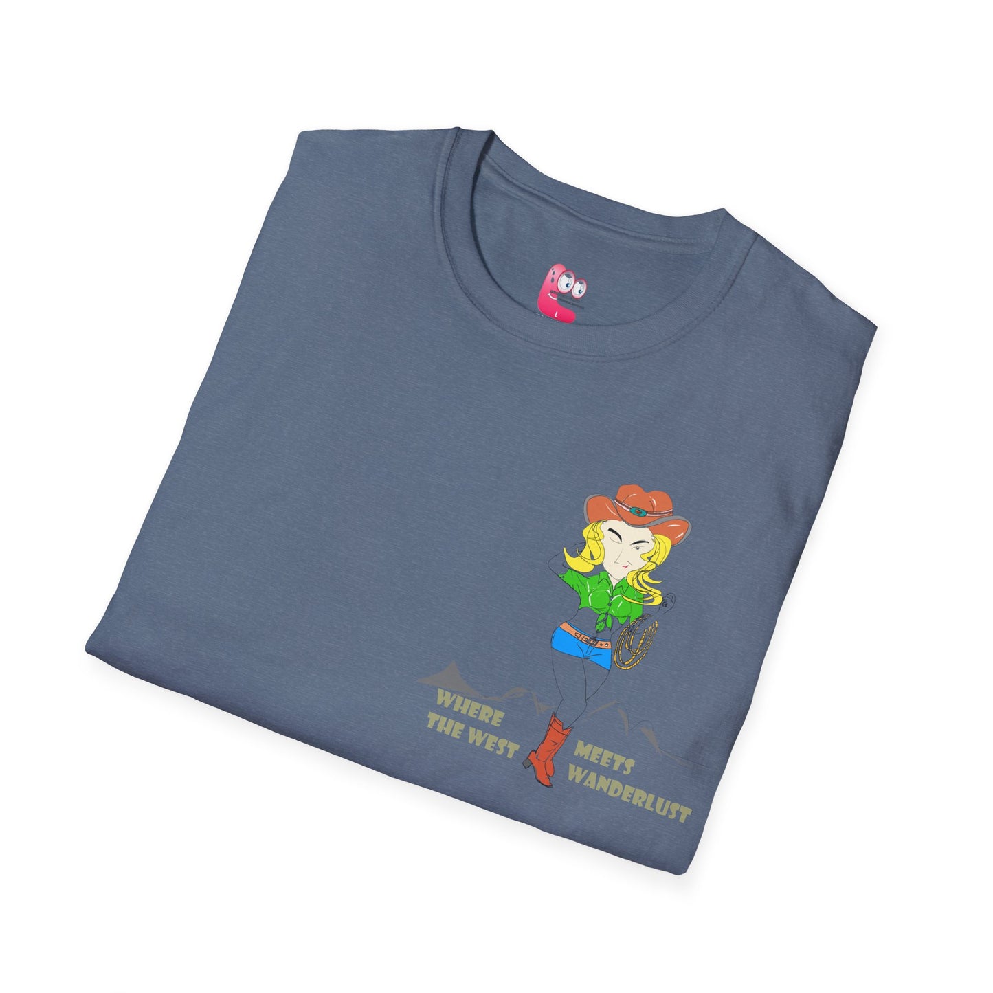 Close view of a folded grey t-shirt with a cowgirl graphic design on a white background