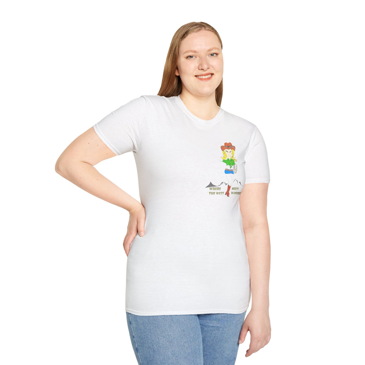 Front view of a lady model wearing a white t-shirt with an American cowgirl graphic design on a white background