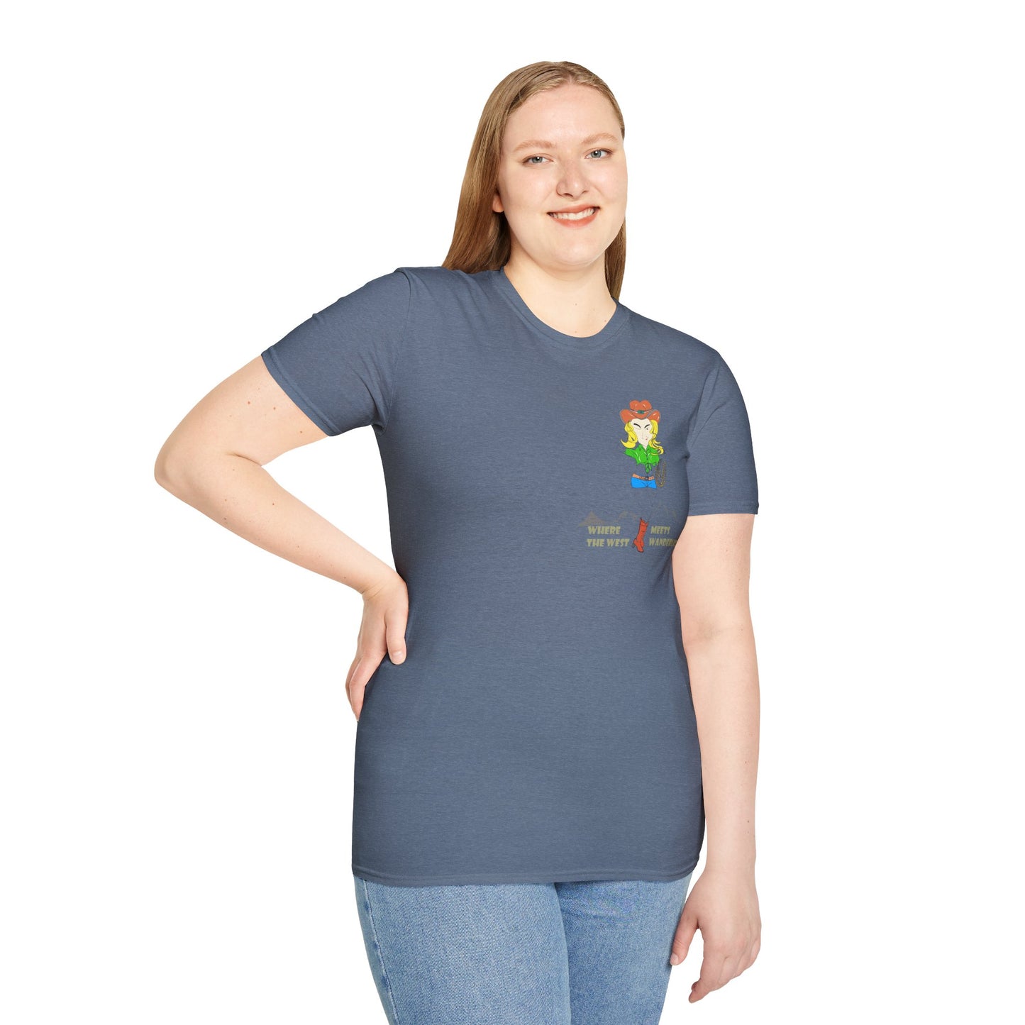 Front view of a lady model wearing a grey t-shirt with an American cowgirl graphic design on a white background