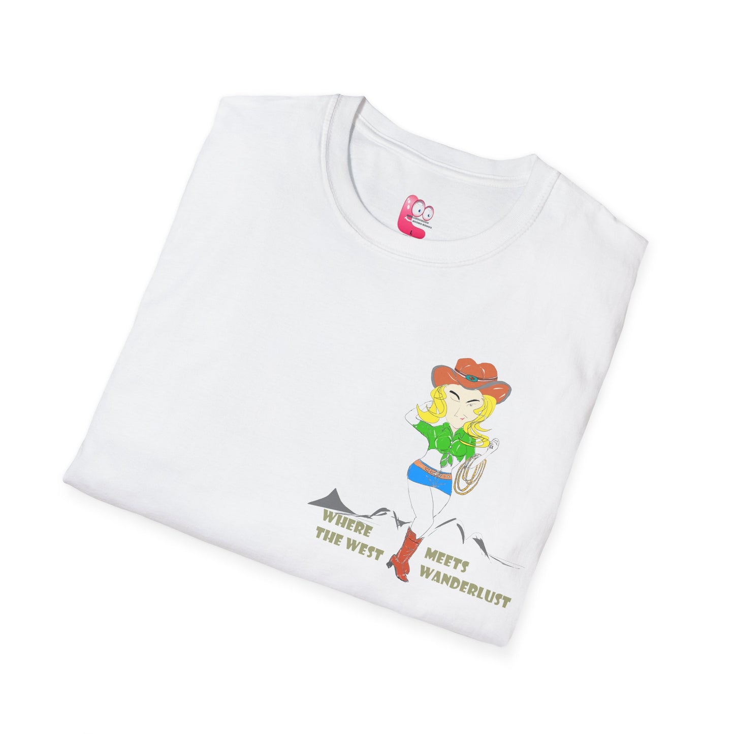 Close view of a folded white t-shirt with a cowgirl graphic design on a white background