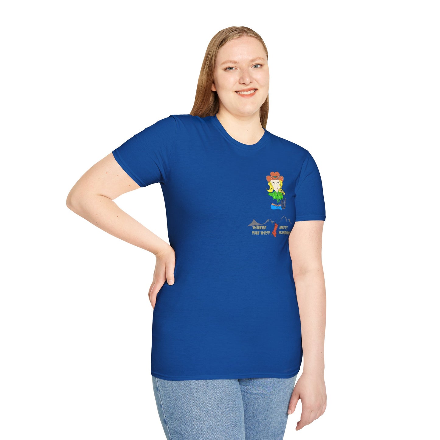Front view of a lady model wearing a blue t-shirt with an American cowgirl graphic design on a white background