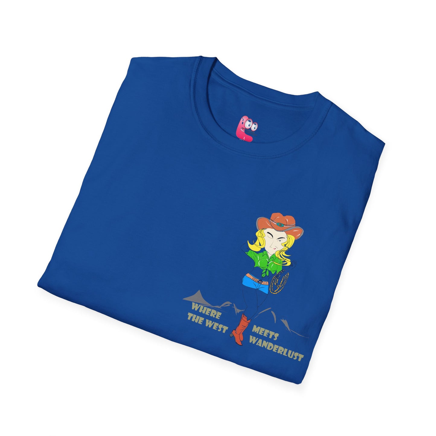 Close view of a folded blue t-shirt with a cowgirl graphic design on a white background