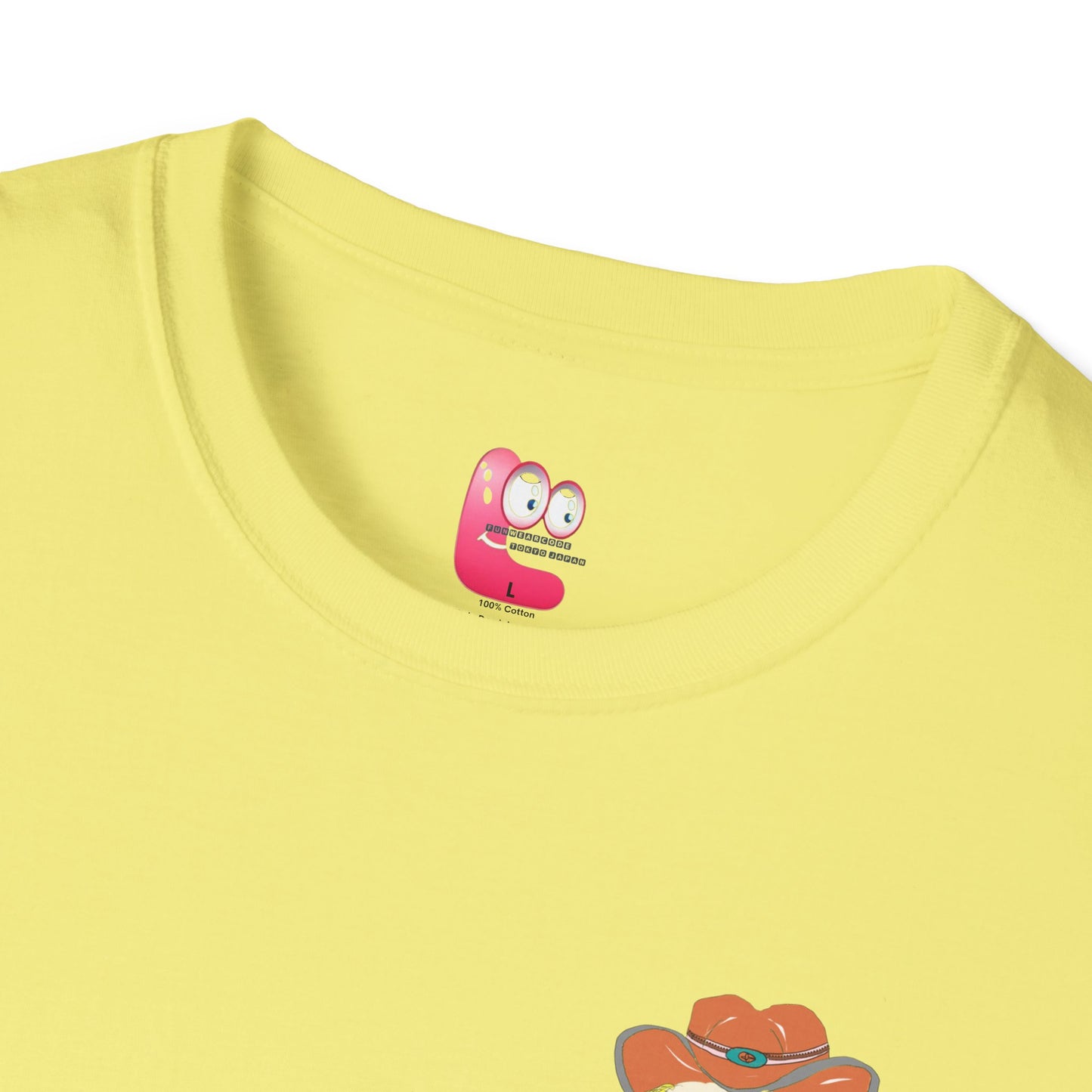 Close view of a yellow t-shirt with a FunWearCode cartoon character inner label design on collar area