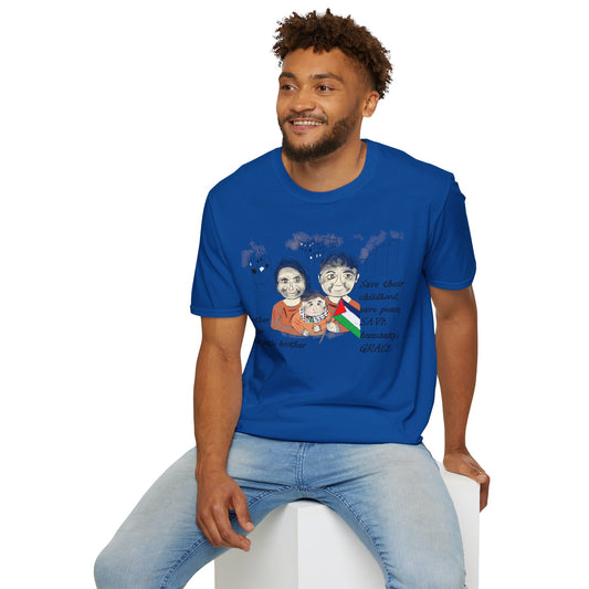 Front view of a man model wearing a blue t-shirt with a Palestinians support graphic design on a white background