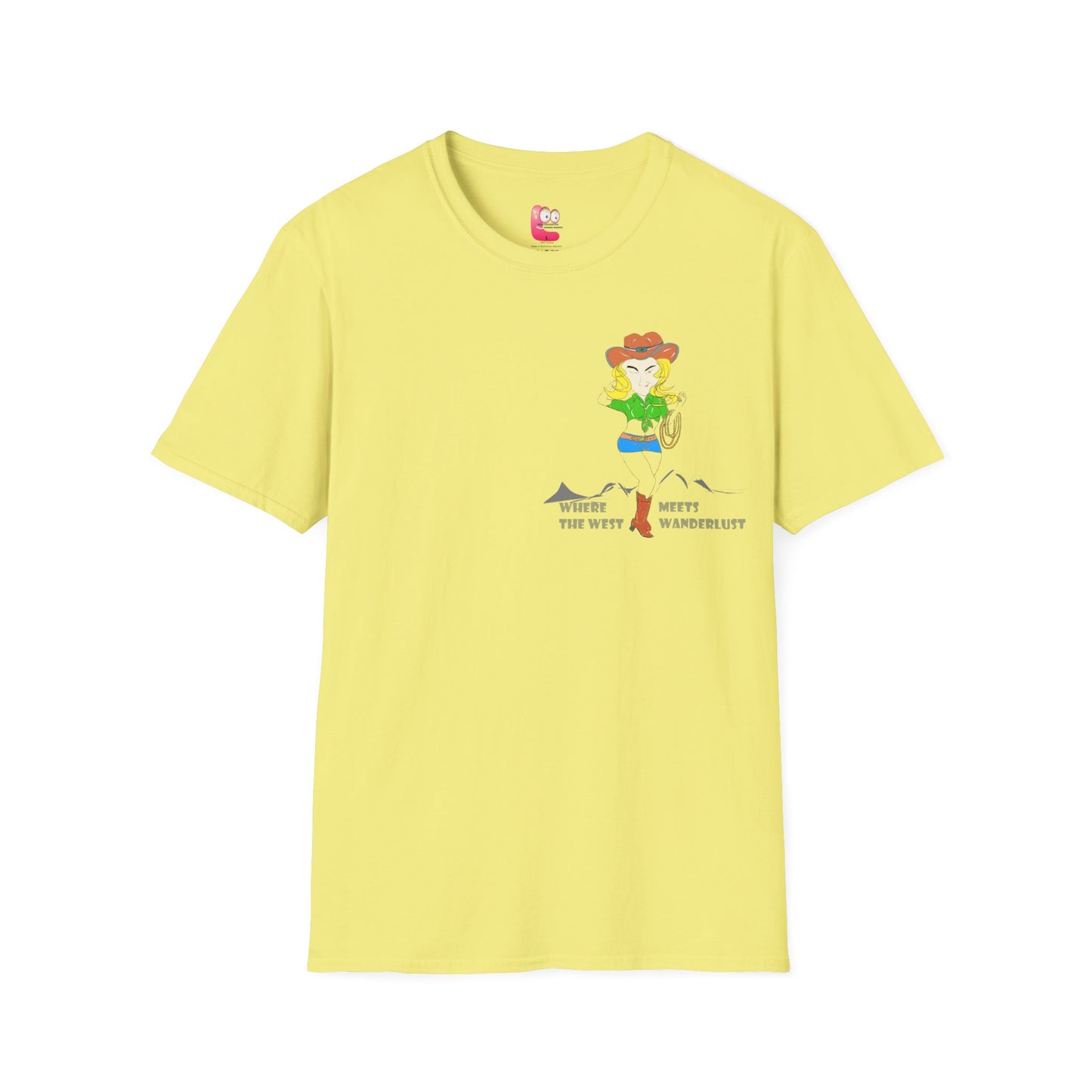 Front view of a yellow t-shirt with an American cowgirl graphic design on a white background