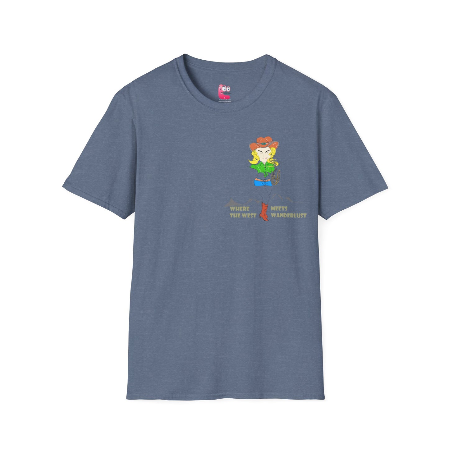 Front view of a grey t-shirt with an American cowgirl graphic design on a white background
