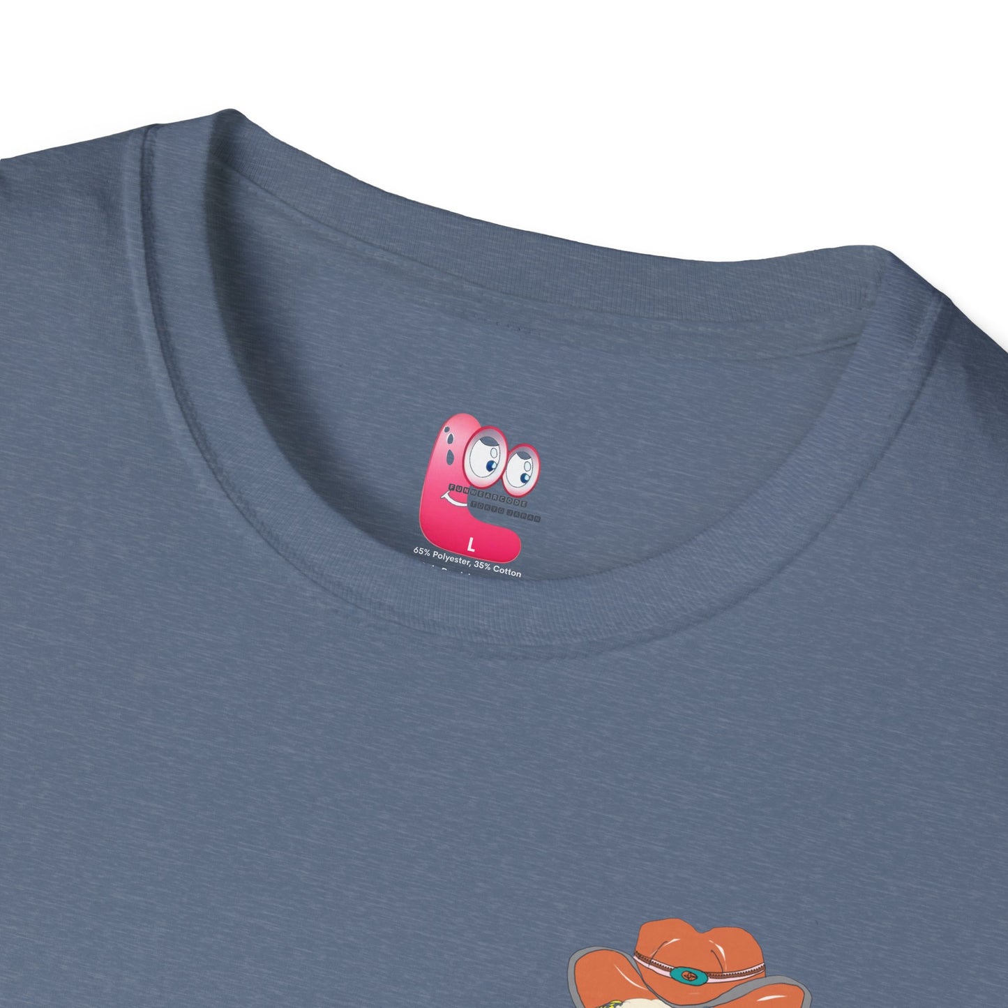 Close view of a grey t-shirt with a FunWearCode cartoon character inner label design on collar area