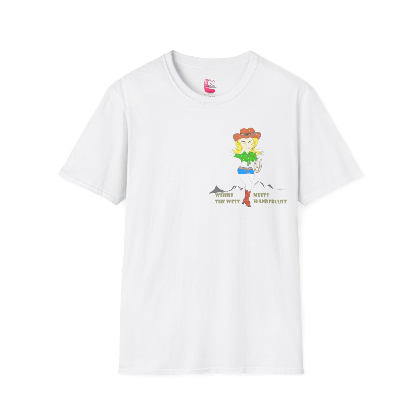 Front view of a white t-shirt with an American cowgirl graphic design on a white background