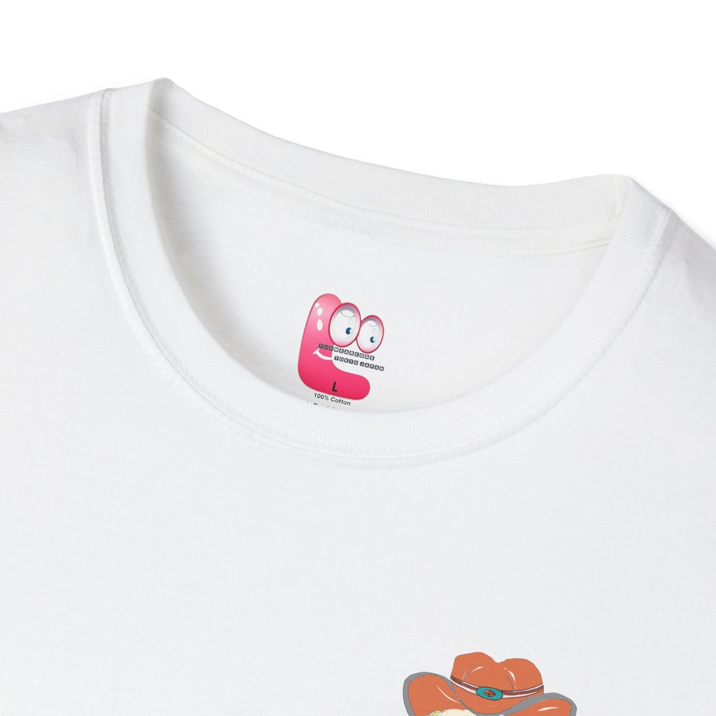 Close view of a white t-shirt with a FunWearCode cartoon character inner label design on collar area