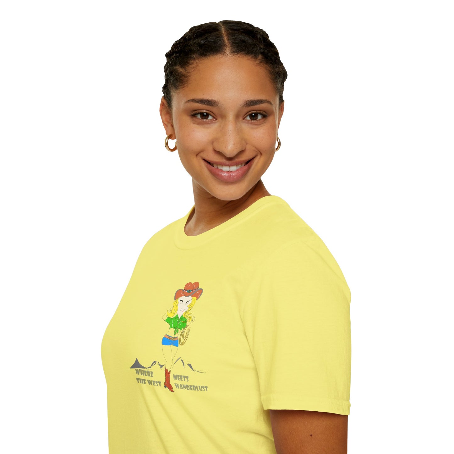 Side view of a lady model wearing a yellow t-shirt with a cowgirl graphic design on a white background