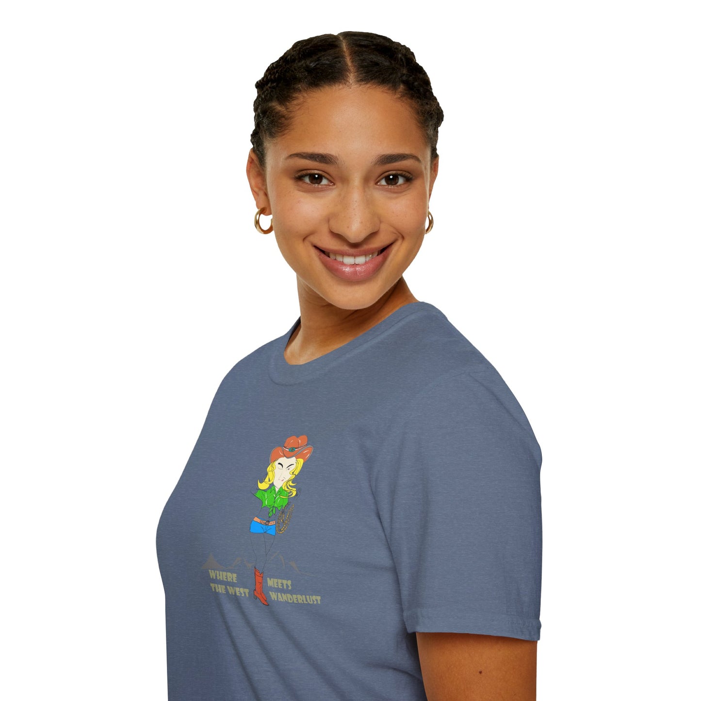 Side view of a lady model wearing a grey t-shirt with a cowgirl graphic design on a white background