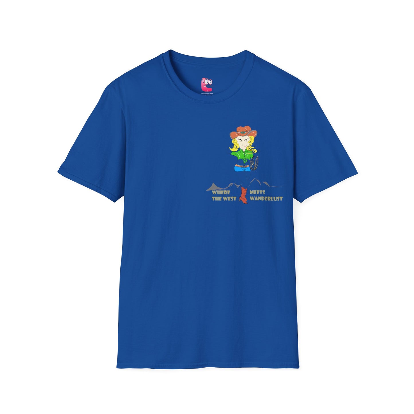 Front view of a blue t-shirt with an American cowgirl graphic design on a white background