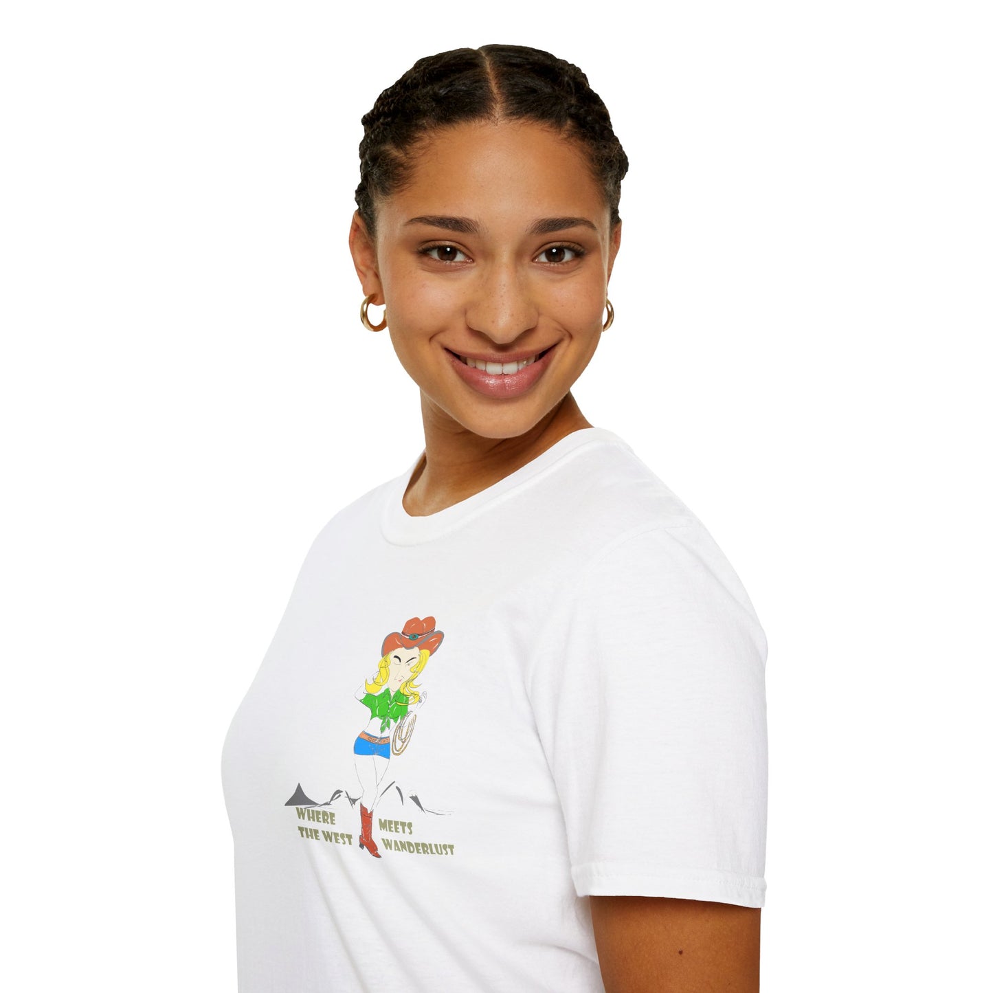 Side view of a lady model wearing a white t-shirt with a cowgirl graphic design on a white background