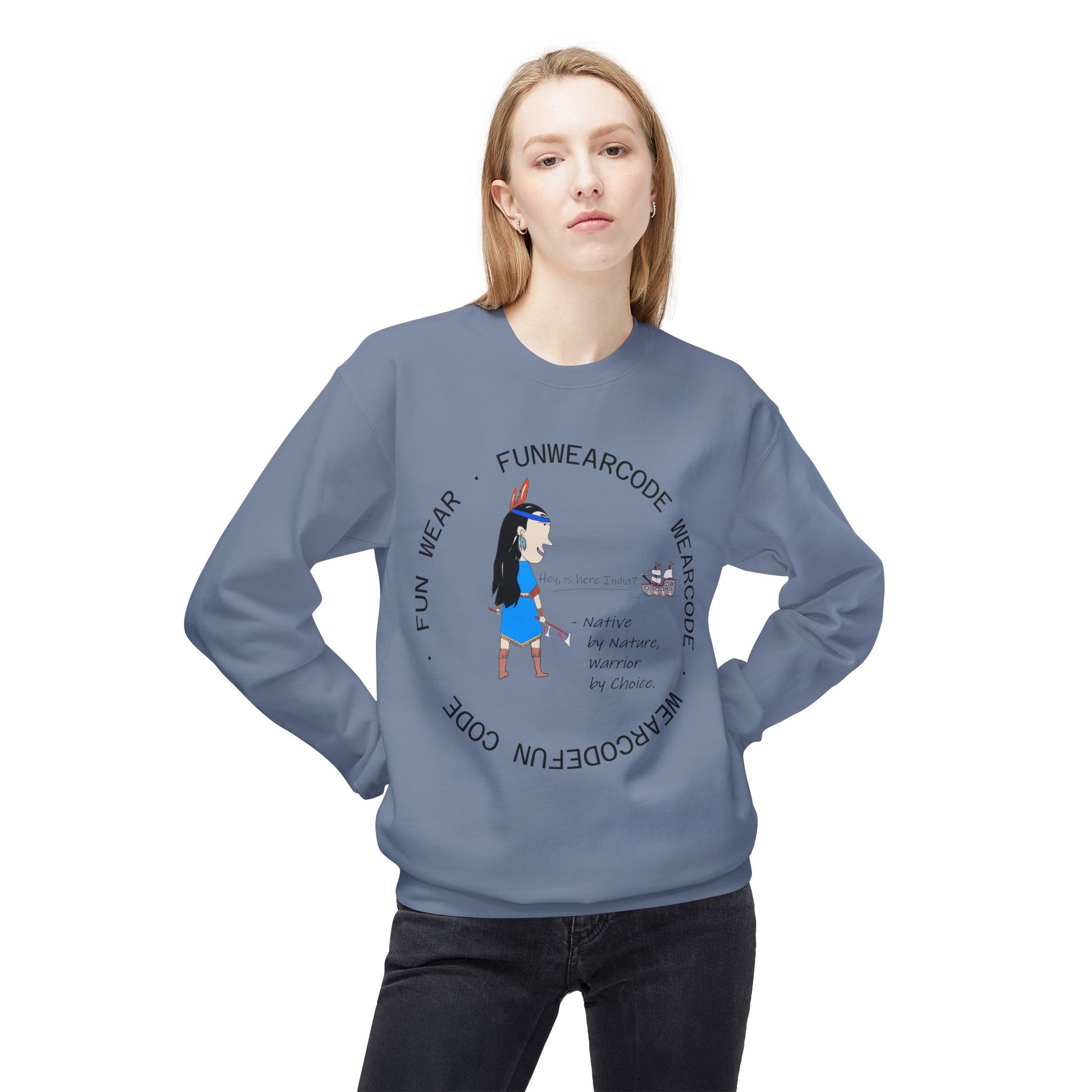 A girl wearing a stone blue sweatshirt with an American Indian woman graphic design and text 'Fun Wear Code' on a white background