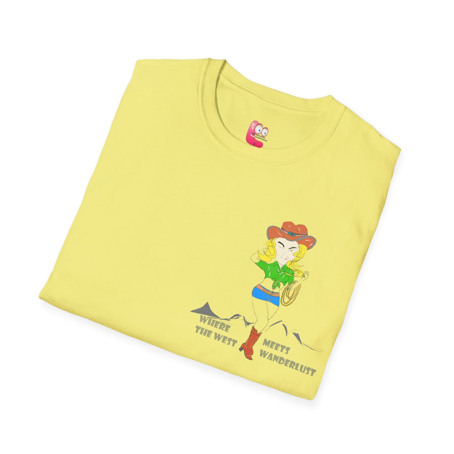 Close view of a folded yellow t-shirt with a cowgirl graphic design on a white background