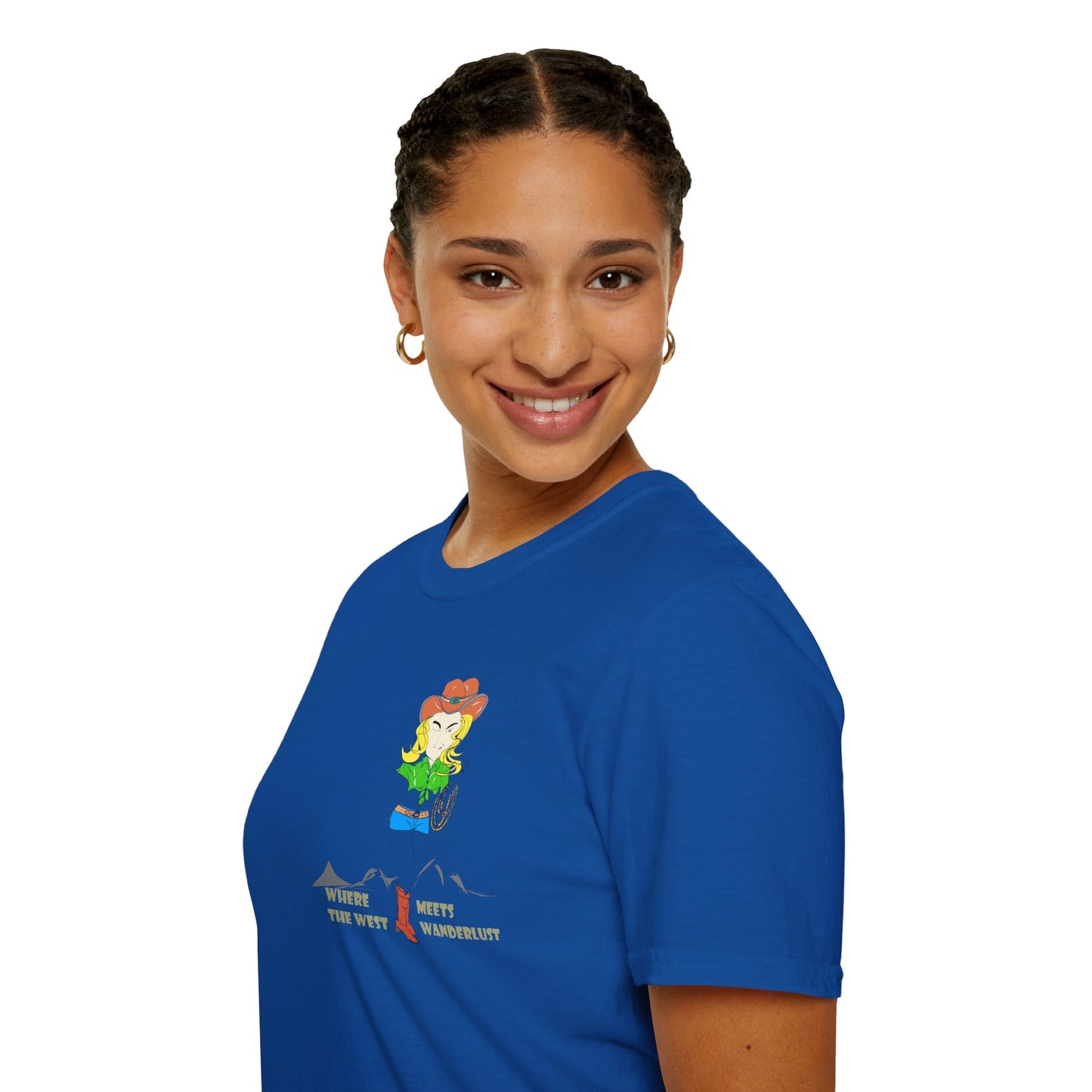 Side view of a lady model wearing a blue t-shirt with a cowgirl graphic design on a white background