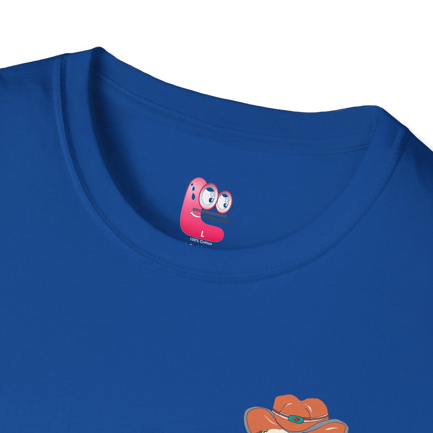 Close view of a blue t-shirt with a FunWearCode cartoon character inner label design on collar area