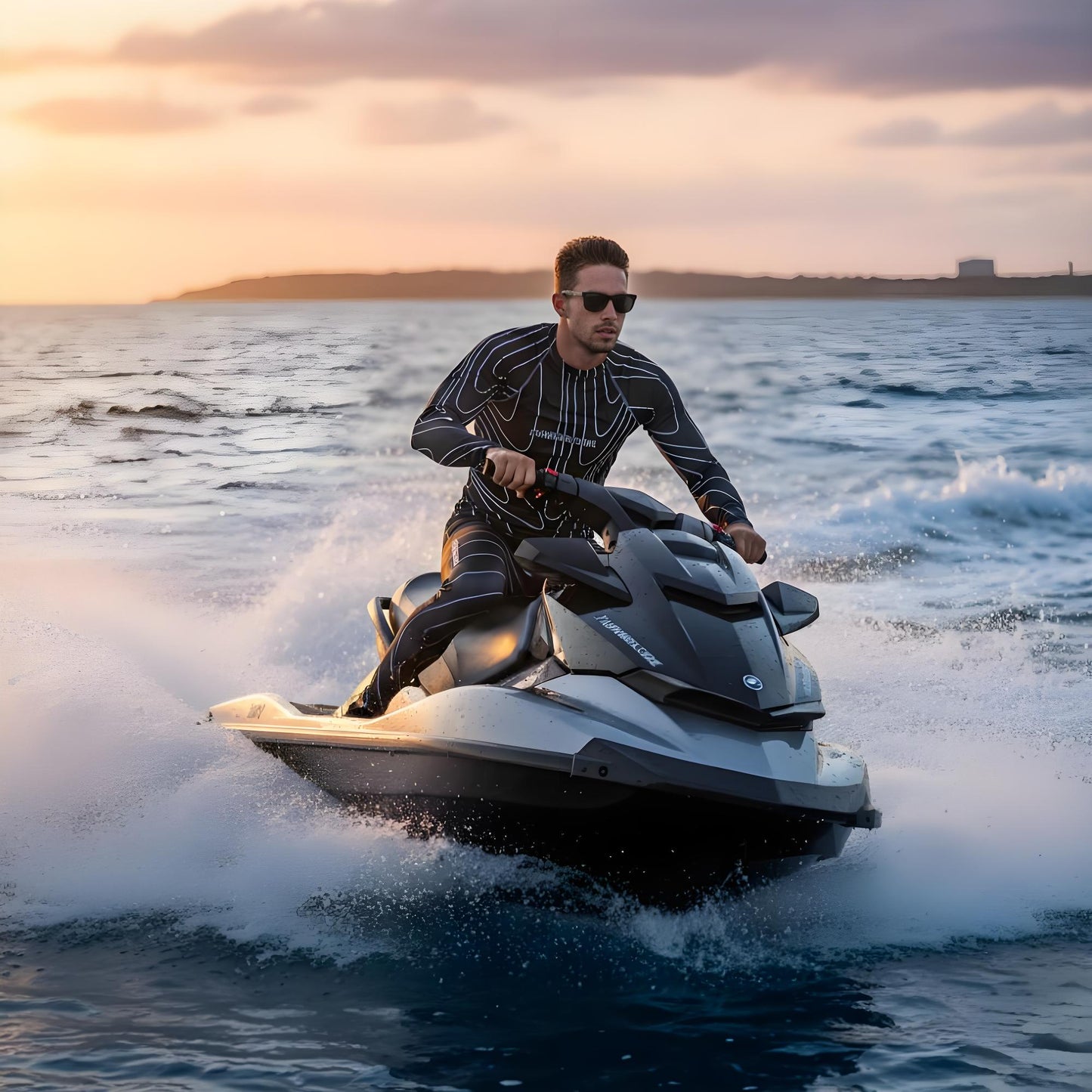 Person wearing an athletic wear with a brand logo 'Funwearcode' riding a jet ski on the water with a sunset in the background