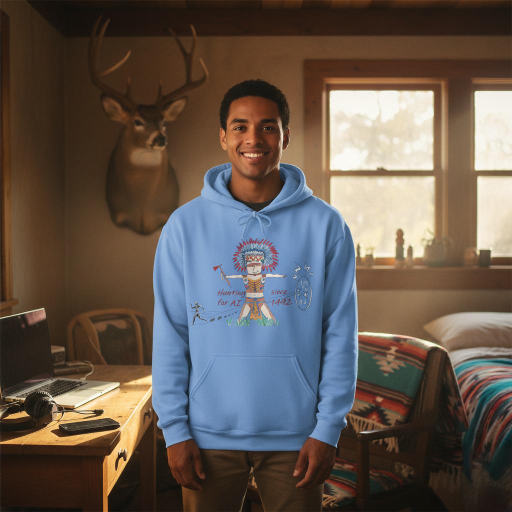An Indian man wearing a blue hoodie with an American Indian man hunting for AI graphic design and text in a room with a deer head mount on the wall.