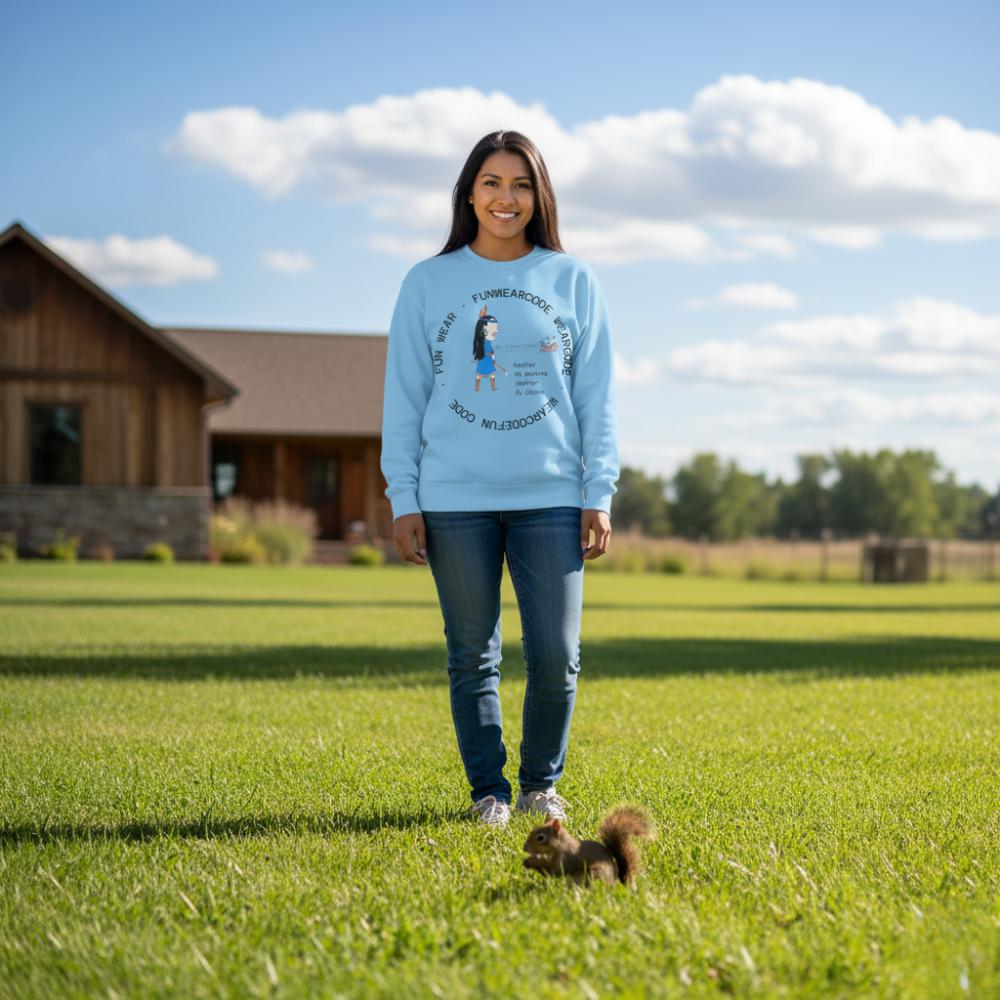 An Indian girl in a light blue sweatshirt with an American Indian woman graphic design and text 'Fun Wear Code', standing on grass with a wooden cabin in the background