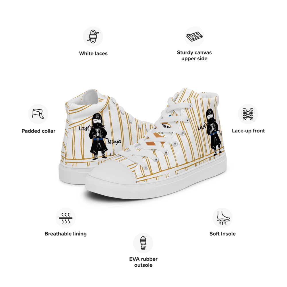 メンズ ハイトップ キャンバスシューズ | ラストニンジャデザイン (イエローストライプ) | Funwearcode