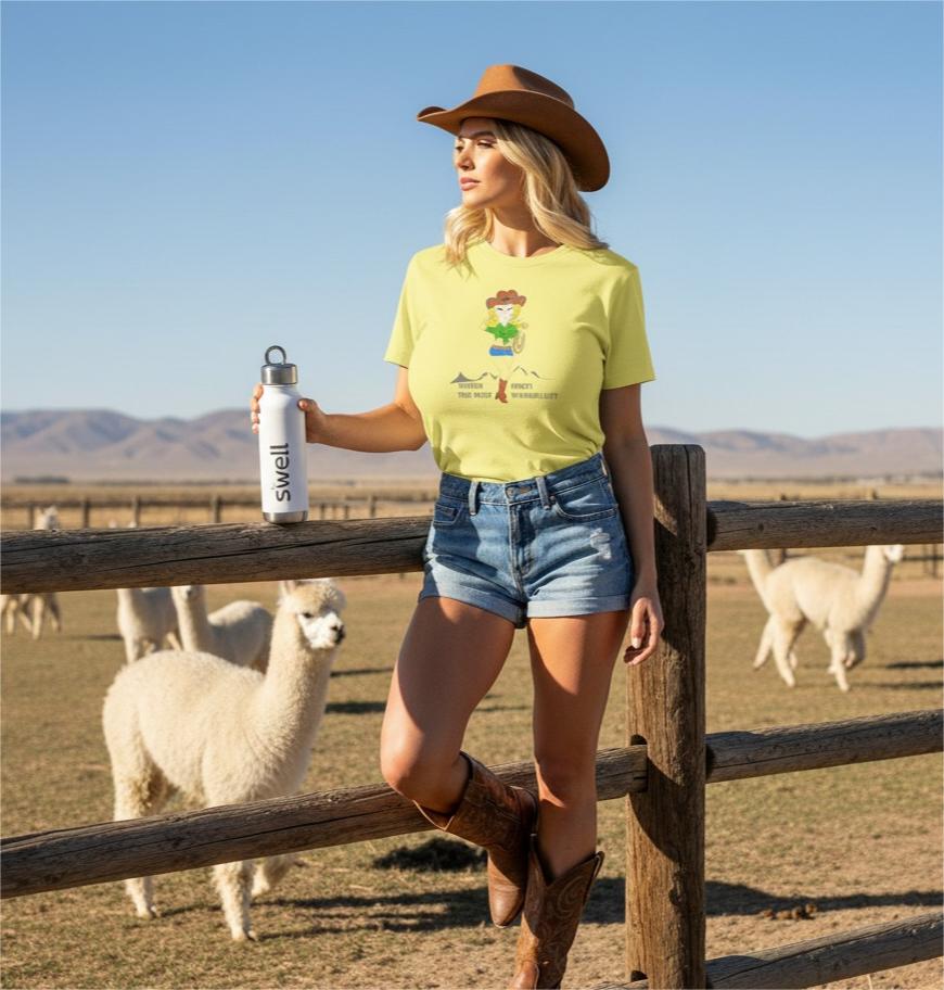 Woman in a yellow t-shirt with a cowgirl graphic and cowboy hat holding a Swell water bottle with alpacas in the background.