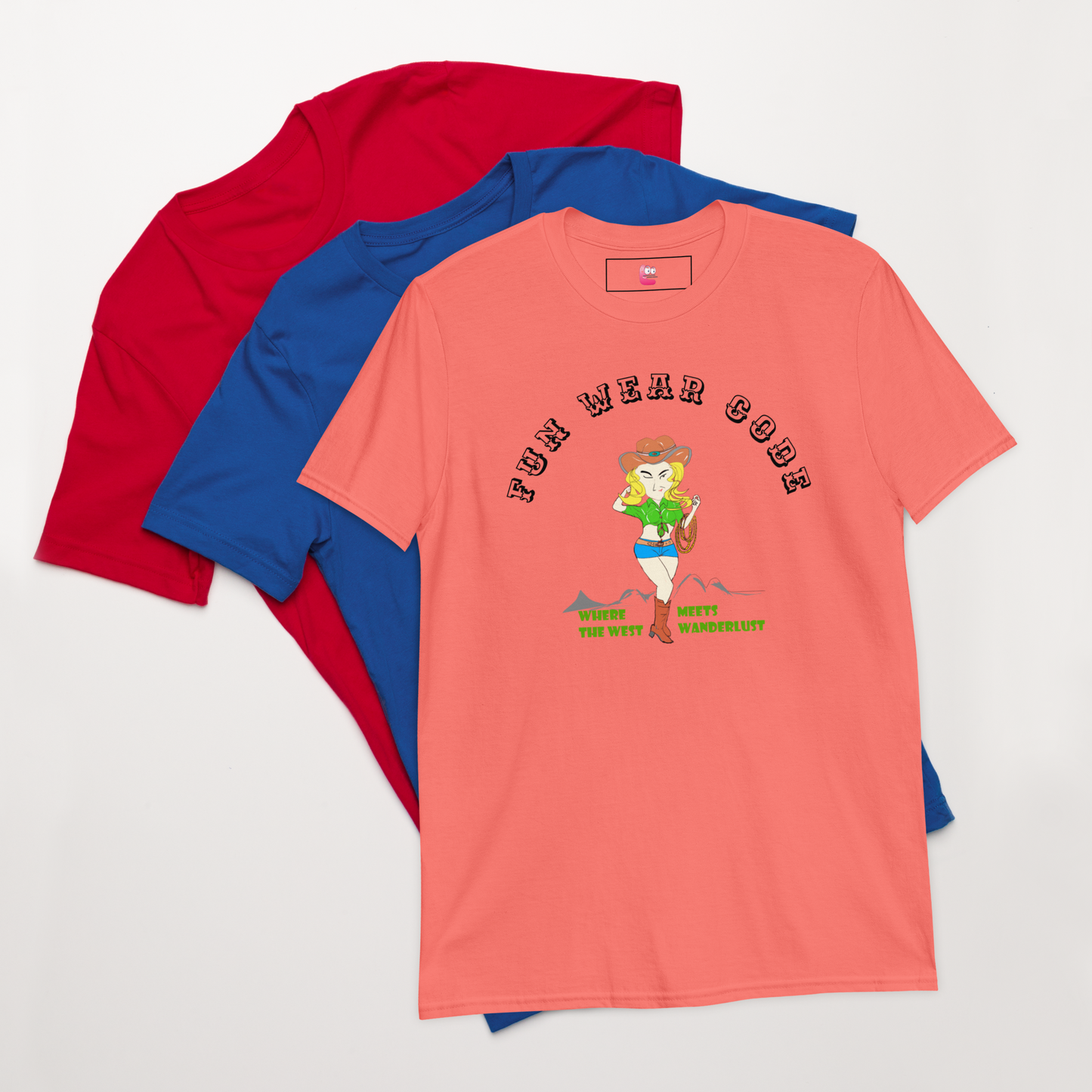 Three t-shirts in red, blue, and pink with a graphic design of a cowgirl and text " FUN WEAR CODE" on the pink shirt.