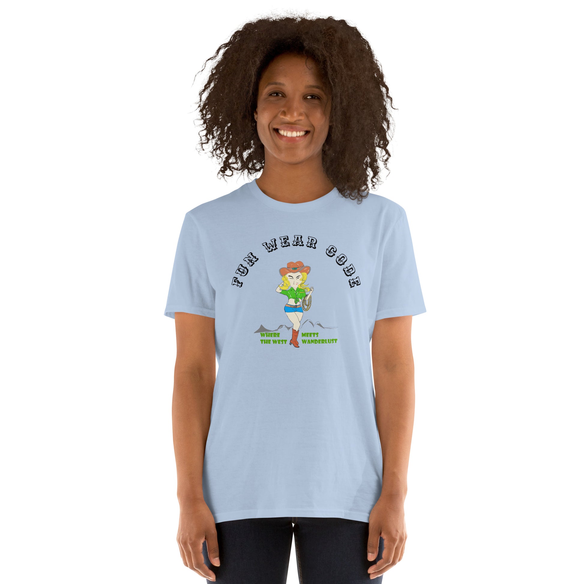 Woman wearing a light blue t-shirt with a graphic design of a cowgirl and text " FUN WEAR CODE" on a white background