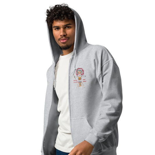 Left side view of a gray zip-up hoodie with an American Indian man graphic design on a transparent background
