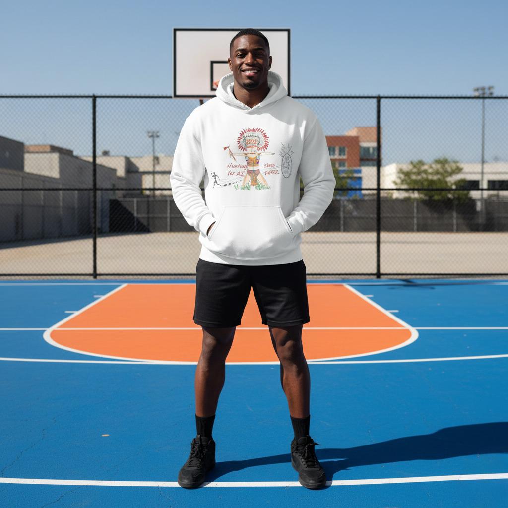 Person wearing a white hoodie with an American Indian man hunting for AI graphic design and text on a basketball court