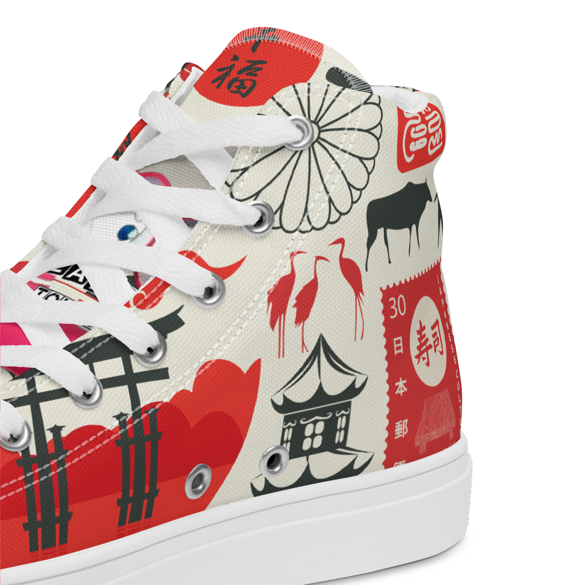 Sneaker with Japanese-themed design on a white background