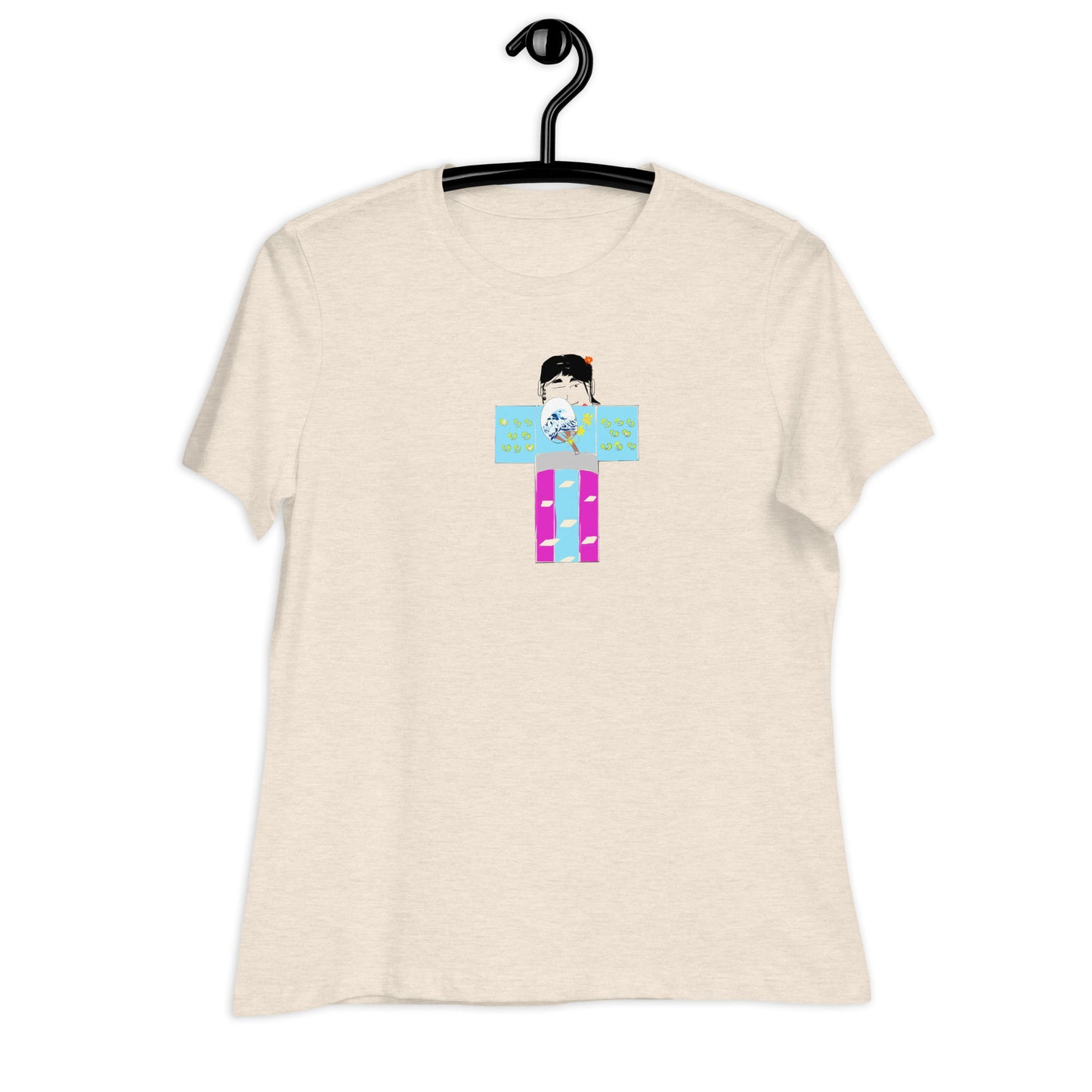 Beige t-shirt with a yukata girl graphic on a hanger against a white background