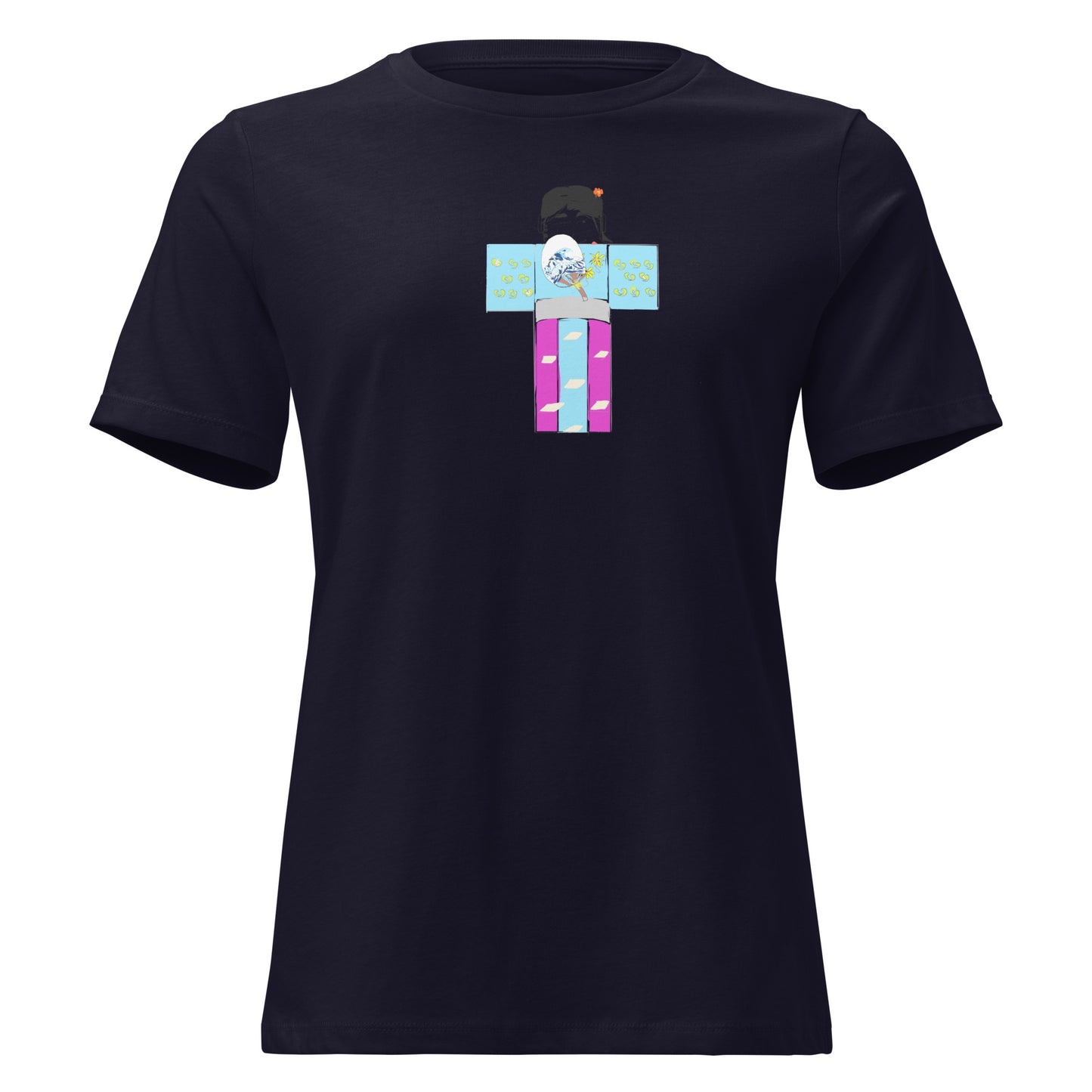 Black t-shirt with a colorful yukata girl graphic design on a white background