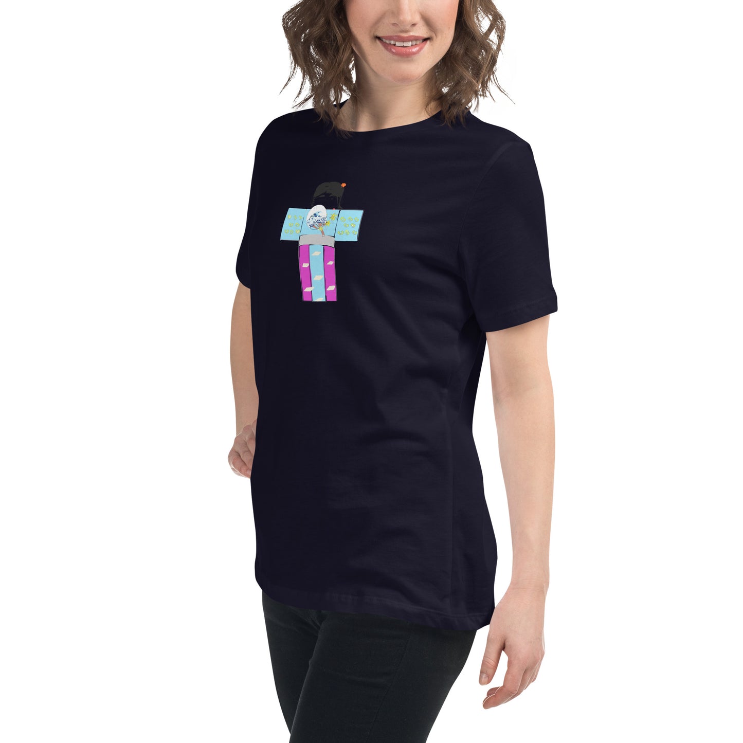 Front left side view of a woman model wearing a black t-shirt with a yukata girl graphic design on a white background