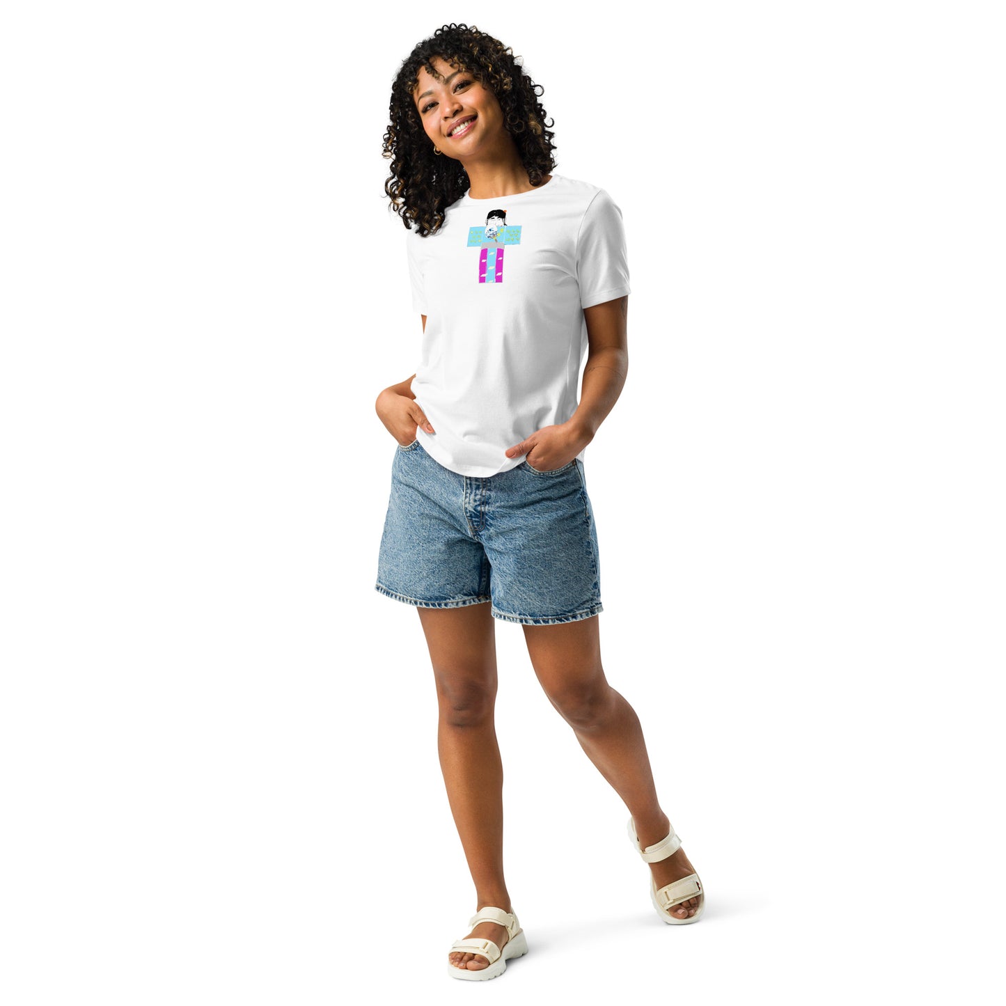 Person wearing a white t-shirt with a yukata girl design and denim shorts on a white background
