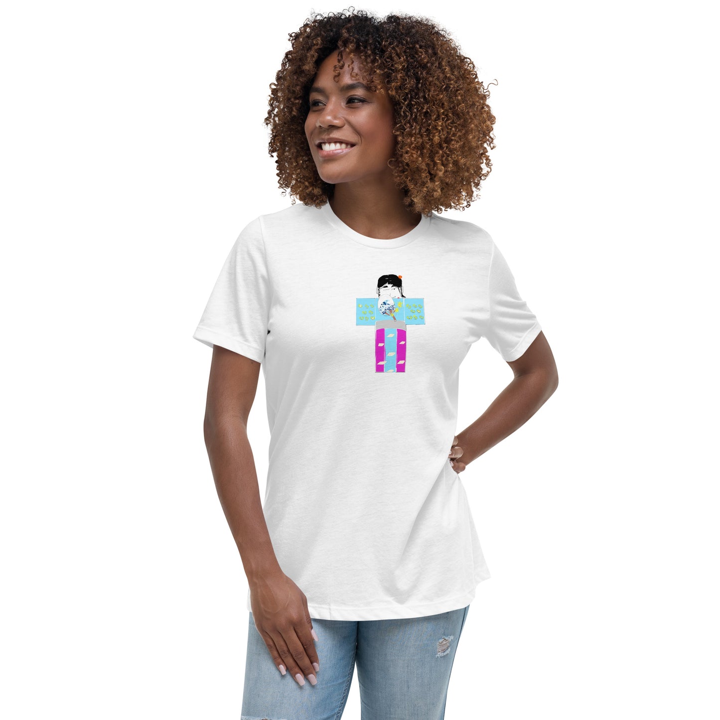 Front view of a woman model wearing a white t-shirt with a yukata girl graphic design on a white background