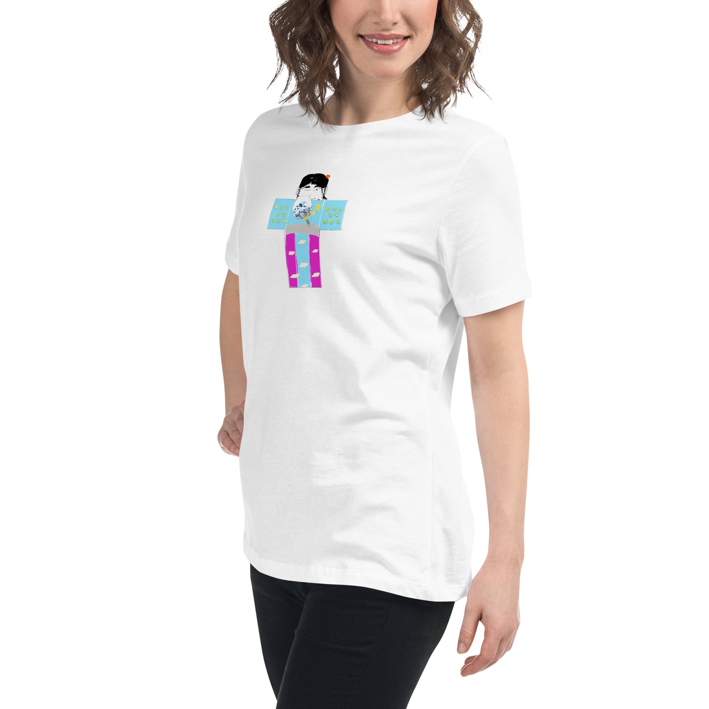 Front left side view of a woman model wearing a white t-shirt with a yukata girl graphic design on a white background