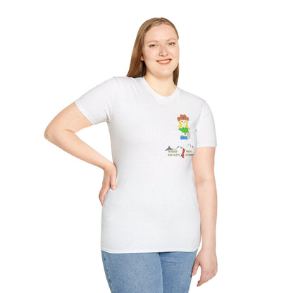 Front view of a lady model wearing a white t-shirt with an American cowgirl graphic design on a white background