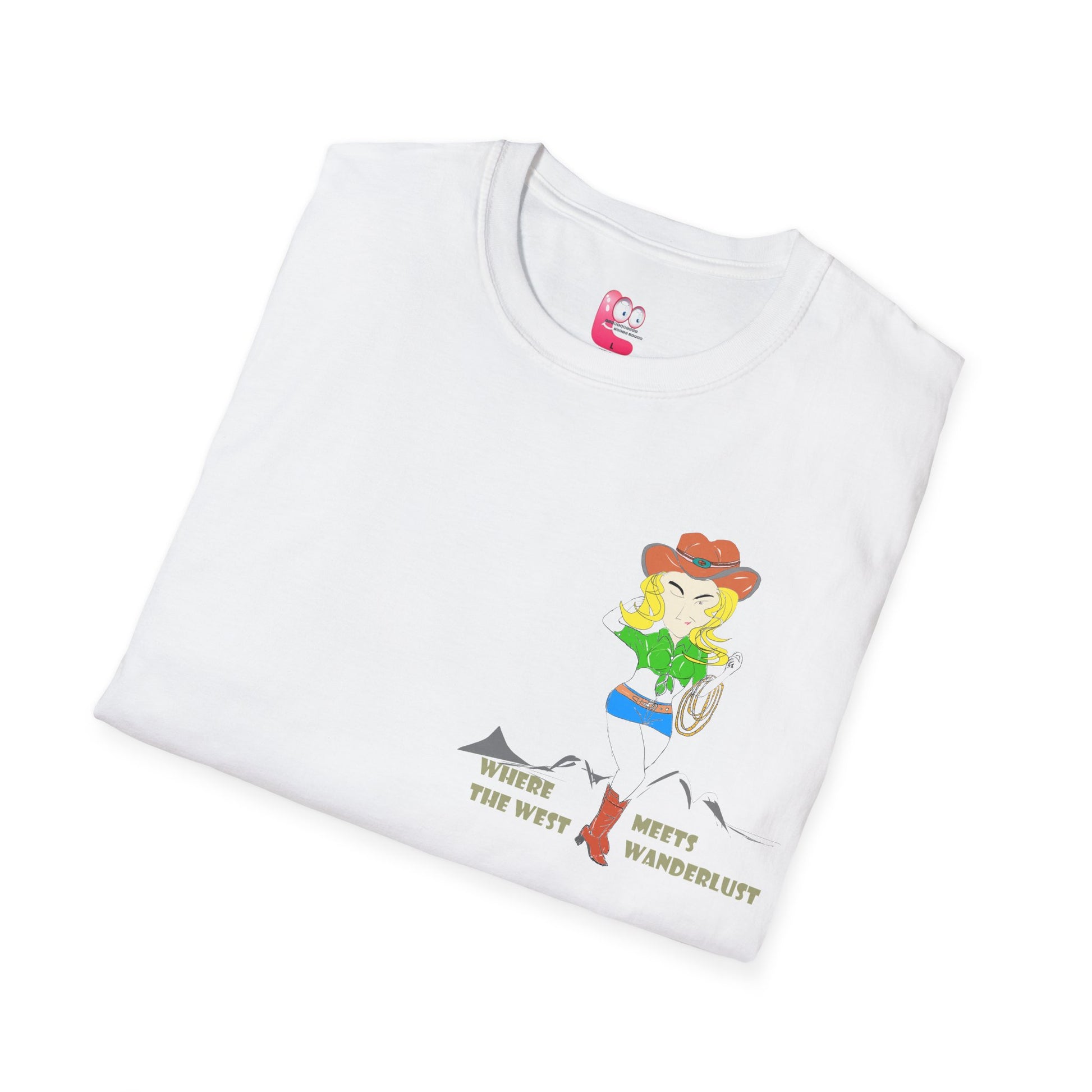 Close view of a folded white t-shirt with a cowgirl graphic design on a white background