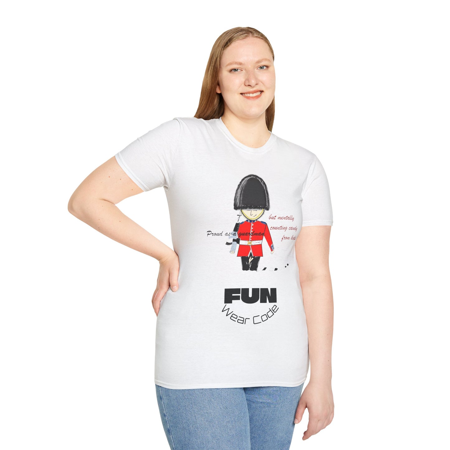 Woman wearing a white t-shirt with a royal guardsman graphic design and text 'Fun Wear Code' on a white background