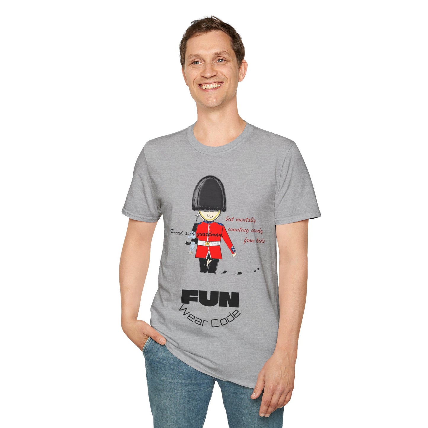 Person wearing a gray t-shirt with a royal guardsman graphic design and text 'Fun Wear Code' on a white background