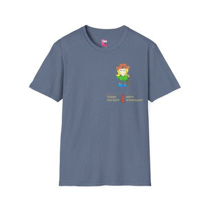 Front view of a grey t-shirt with an American cowgirl graphic design on a white background