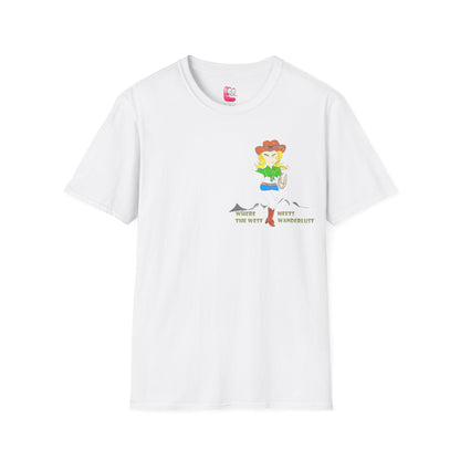 Front view of a white t-shirt with an American cowgirl graphic design on a white background