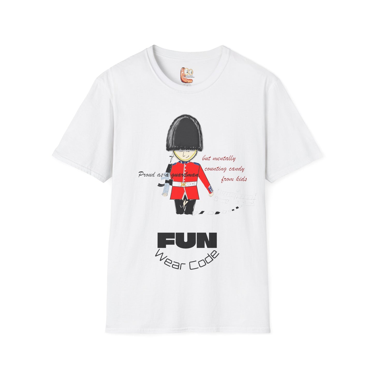 White t-shirt with a royal guardsman graphic design and text 'Fun Wear Code' on a white background