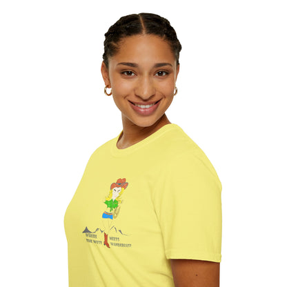 Side view of a lady model wearing a yellow t-shirt with a cowgirl graphic design on a white background