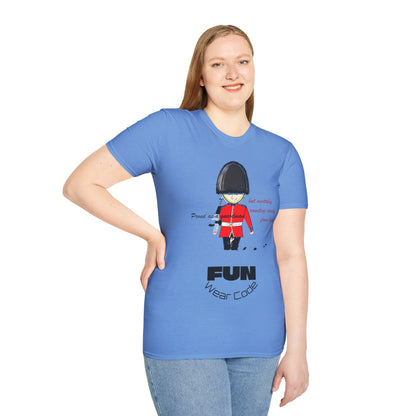 Woman wearing a blue t-shirt with a royal guardsman graphic design and text 'Fun Wear Code' on a white background