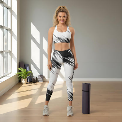 Woman in athletic wear with brand logo 'Funwearcode' standing in a bright room with a yoga mat.