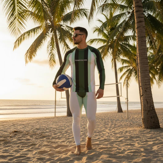 Man in an athletic wear with a brand logo 'Funwearcode' holding a volleyball on a beach with palm trees