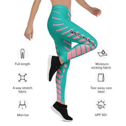 Teal leggings with pink stripes with brand logo "Funwearcode" worn by a person, featuring icons about product features on a white background.