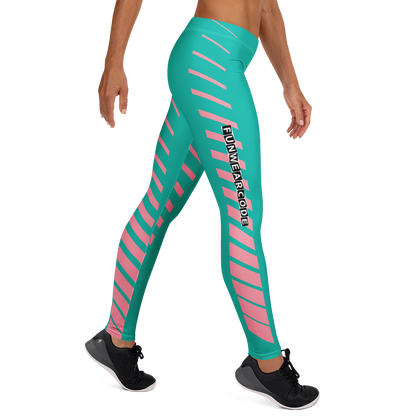Teal and pink striped leggings with brand logo 'Funwearcode' on a white background